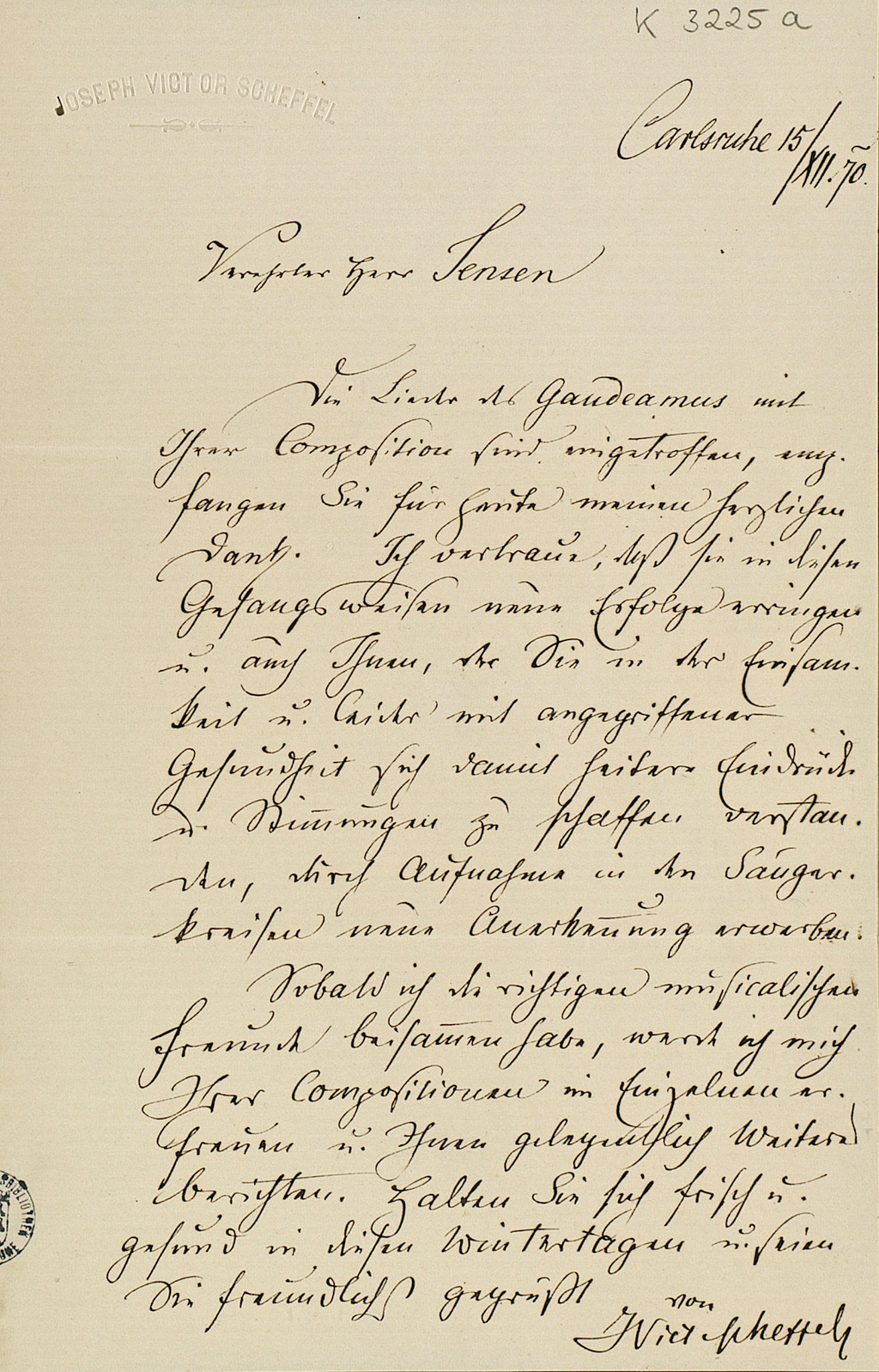 © Foto: Badische Landesbibliothek Karlsruhe Zu sehen ist ein Brief von Joseph Victor von Scheffel an einen Herrn Jensen, geschrieben in Karlsruhe am 15. Dezember 1870.