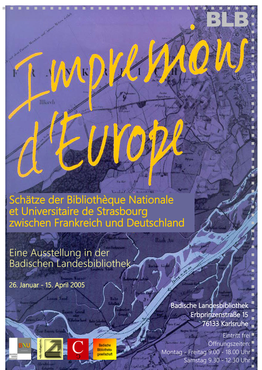 Das Plakat besteht aus einer, in violett gefärbten, Landkarte. Der Titel der Ausstellung überlagert diese in gelber Handschrift. Ergänzt wird das Plakat durch Textinformationen zur Ausstellung.